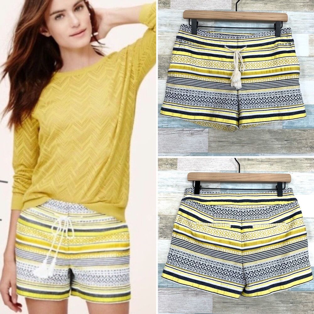 LOFT Striped Tassel Drawstring Shorts Gray Yellow Metallic Mid Rise Womens 2